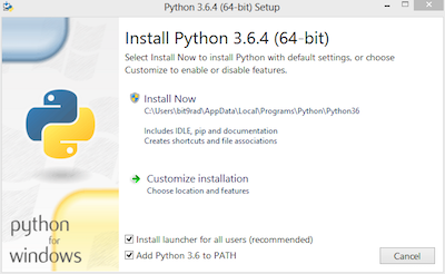 Windows installation options showing "Add python.exe to path"